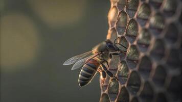 A close up of a bee on a honeycomb with its wings spread and blurred background light photo