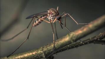 A close up shot of a mosquito resting on a branch with a blurred background view photo