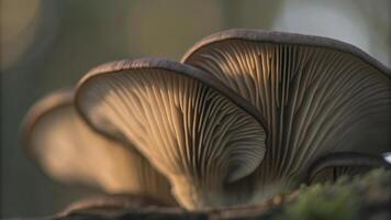 A close up view of oyster mushrooms showing the gills and cap edges with soft lighting photo