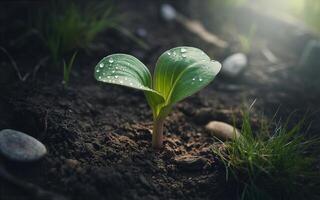A close up shot of a small seedling with water droplets on its leaves in dark soil photo