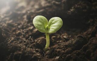A small green sprout emerging from dark soil in a close up shot with soft lighting photo