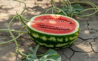 A halved watermelon with seeds on cracked earth and vines in a natural outdoor setting photo