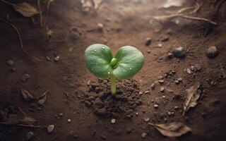 A small seedling with two green leaves growing from the soil in an outdoor setting photo