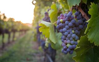 A close up of dark grapes hanging on a vine in a vineyard during sunset light photo