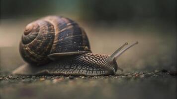 A close up shot of a snail crawling on a rough surface with its antennae visible photo