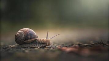 A snail slowly crawling across a textured surface in a blurred outdoor setting photo