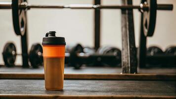 Protein shake bottle on a gym floor with barbell and weights in the background view photo