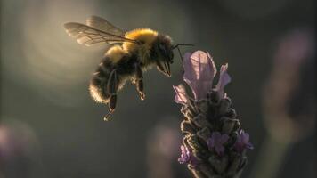 A bumblebee approaching a lavender flower in soft light with wings spread wide open photo