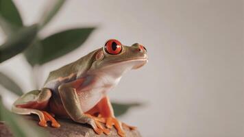 A red eyed tree frog perched on a branch with blurred leaves in the background view photo