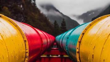 Close up of red and blue pipelines with yellow ends against a mountain background photo