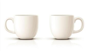 Two glossy white ceramic mugs side by side on a seamless white background for clean minimalistic mockup photo