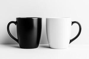 Elegant black and white mugs with contrasting handles placed side by side on a light seamless background photo