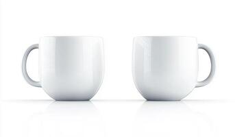 Shiny white blank mugs with curved handles displayed together on white reflective surface background photo