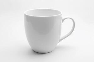 Elegant blank white mug with simple curved handle centered on plain white background for product display photo