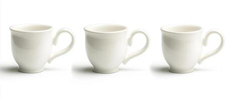 Three identical white coffee mugs with elegant handles placed in a row on a seamless white background photo