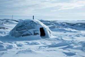 A warmly lit igloo in an Arctic wonderland, surrounded by towering snow-covered trees. photo