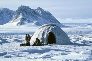 An inviting igloo in an untouched Arctic landscape, bathed in the silver glow of the moon. photo