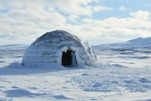 A charming igloo set in a snowy clearing, framed by frost-laden evergreens at dusk. photo