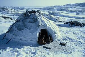 An Inuit igloo resting peacefully in a pristine winter wonderland under the aurora borealis. photo