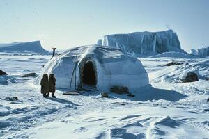An igloo inhabited by Inuit people, surrounded by snowy landscape, A cozy igloo surrounded by snow-covered trees, set against a starry night backdrop. photo
