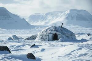 A hidden igloo deep in the Arctic wilderness, warmed by the soft glow of a fire inside. photo