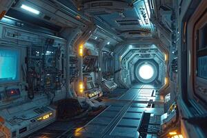 In the heart of a high-tech space station, a corridor lined with sophisticated equipment leads to a circular window offering a breathtaking view of the cosmos photo