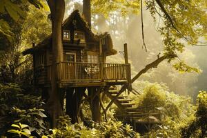 High in the trees, a cozy wooden retreat offers the perfect solitude, with sunlight streaming through the green leaves and filling the space with warmth photo