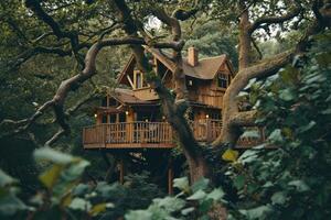 In the heart of a vibrant forest, a charming wooden treehouse rests among thick branches with sunlight casting golden patterns on the floor photo