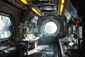 The walls of a space station's corridor are lined with glowing instruments, while a circular window offers a glimpse into the vastness of outer space photo
