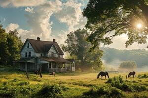 Autumn leaves swirl through the air around a farmhouse where horses graze quietly creating a scene of rustic serenity photo