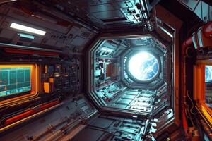 With sleek metallic walls and advanced technology, the space station's corridor ends in a large circular window offering a captivating view of the stars beyond photo