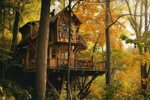 Amidst the vibrant foliage of a forest, a quaint wooden treehouse rests in harmony with nature, illuminated by sunlight filtering through the trees photo