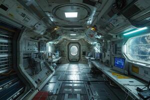 A modern passageway in a space station is filled with advanced consoles and a glowing round window revealing the endless expanse of outer space photo