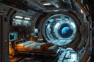 A futuristic space station corridor is illuminated by soft light from advanced equipment and a glowing circular window revealing the mysteries of the universe photo