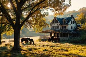 Sunlight filters through golden trees onto a field where a classic farmhouse and horses create a picture of rural simplicity photo