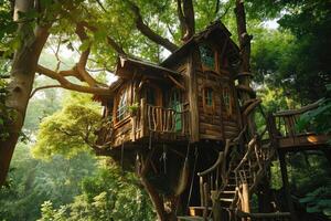 A charming treehouse made of weathered wood sits nestled in a dense green forest, bathed in golden sunlight filtering through the treetops photo