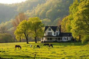 The soft crunch of leaves and the calm presence of horses define this autumn farm scene with a traditional home in the distance photo