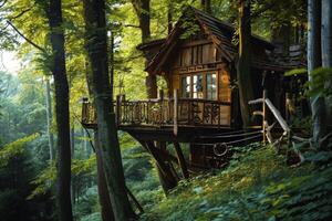 A cozy wooden treehouse sits high in the branches, bathed in dappled sunlight that filters through the dense green canopy of the forest photo