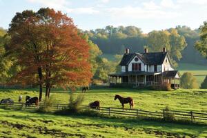 Brightly colored trees stretch behind a quiet farmhouse while gentle horses graze in the golden grass of early fall photo