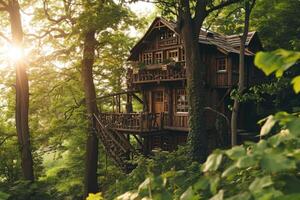 This secluded treehouse, surrounded by the rich green of the forest, exudes calm with sunlight casting soft rays through the leaves above photo