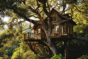 Surrounded by towering trees, a rustic treehouse basks in the warmth of sunlight breaking through the leaves, offering a peaceful escape photo
