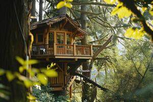 Nestled among the trees, a rustic treehouse is bathed in gentle sunlight, offering a peaceful retreat within the stillness of nature photo