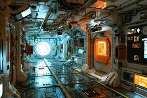 A sleek, metallic passageway in a space station is adorned with futuristic control panels and a large circular window offering a stunning view of the stars photo