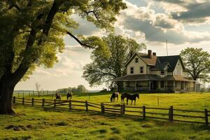 Horses graze in a sunlit field while a traditional farmhouse sits under colorful trees capturing the heart of country life photo
