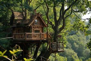 The tranquil beauty of a forest treehouse is highlighted by sunlight streaming through the leaves, perfect for solitude and simple living photo