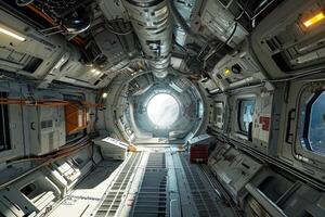 This detailed view of a space station corridor highlights advanced technological equipment and a glowing circular window providing a peek into the universe beyond photo