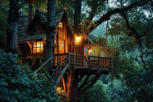 The beauty of nature surrounds a serene treehouse, where rays of sunlight dance on the wooden walls and the forest hums quietly with life photo