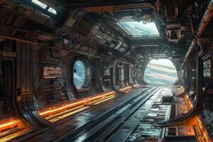 Inside a futuristic space station, an illuminated passageway leads to a circular window showcasing the beauty of deep space with stars and nebulae photo