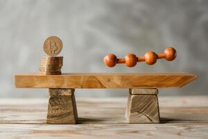 Balancing Concept with Bitcoin and Wooden Figures on Seesaw, A seesaw with cost of living and wages to illustrate the effects of inflation photo