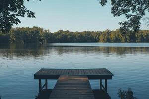 Peaceful Lake View with Wooden Dock and Trees, A serene and peaceful waterfront setting for a meditation podcast photo